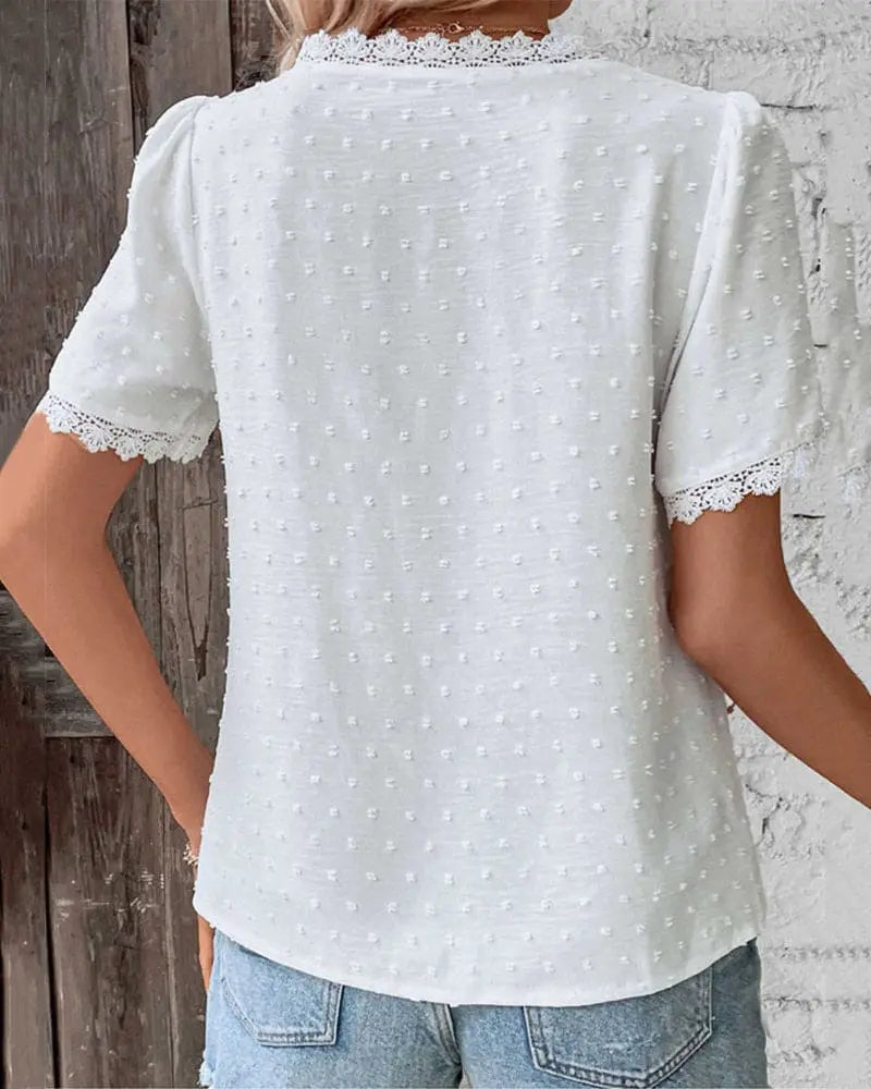 Lace V-Neck Blouse with Short Sleeves for Elegant Style