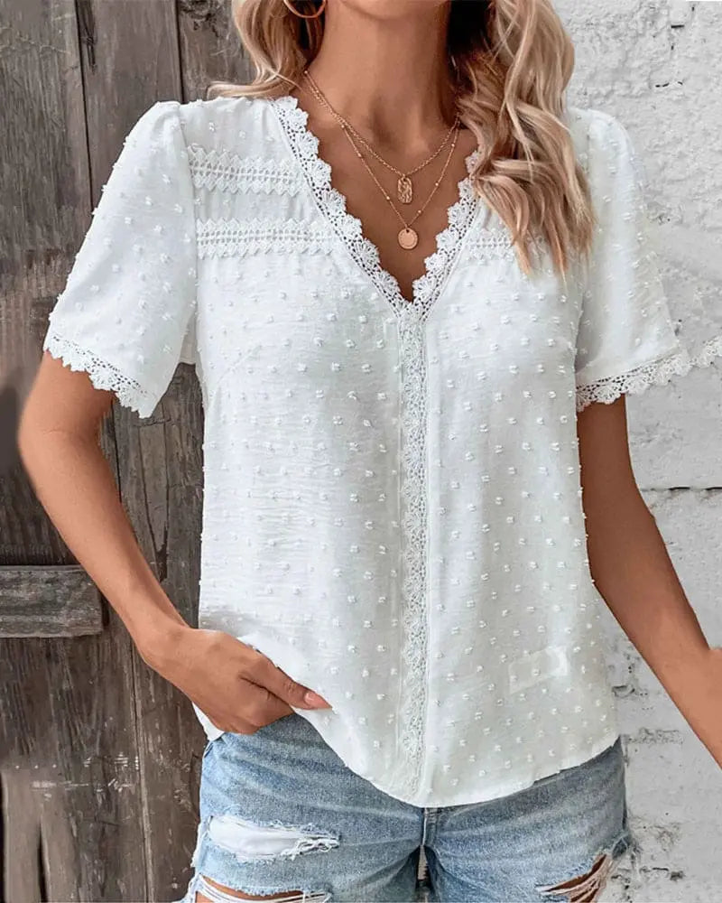 Lace V-Neck Blouse with Short Sleeves for Elegant Style