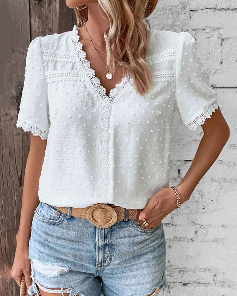 Lace V-Neck Blouse with Short Sleeves for Elegant Style