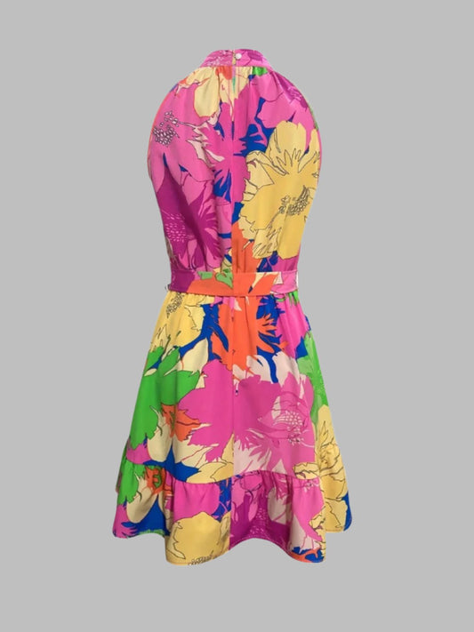 Chic Elegance - High Neck Tie Dress Sunset Bloom Sophisticated