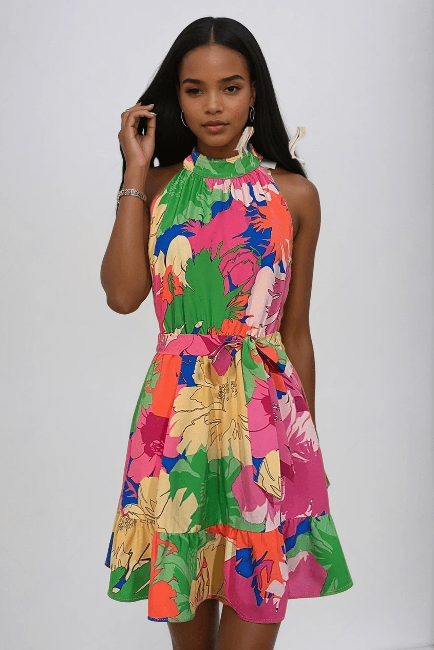 Chic Elegance - High Neck Tie Dress Sunset Bloom Sophisticated