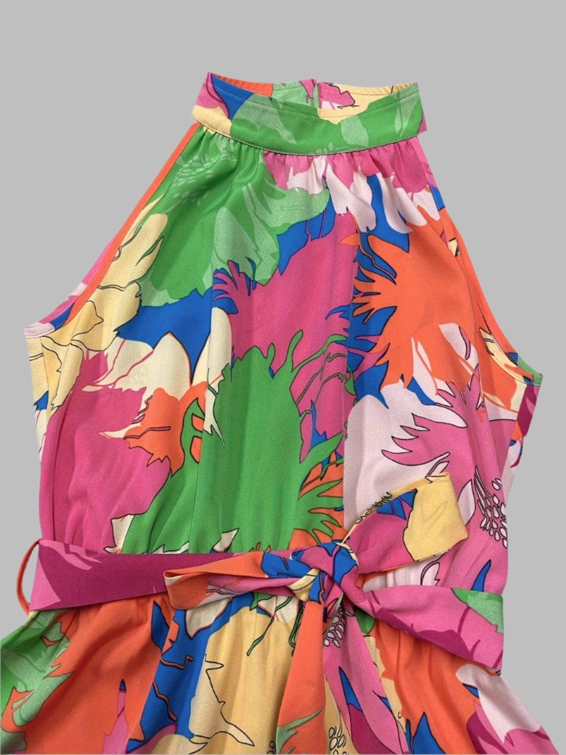 Chic Elegance - High Neck Tie Dress Sunset Bloom Sophisticated