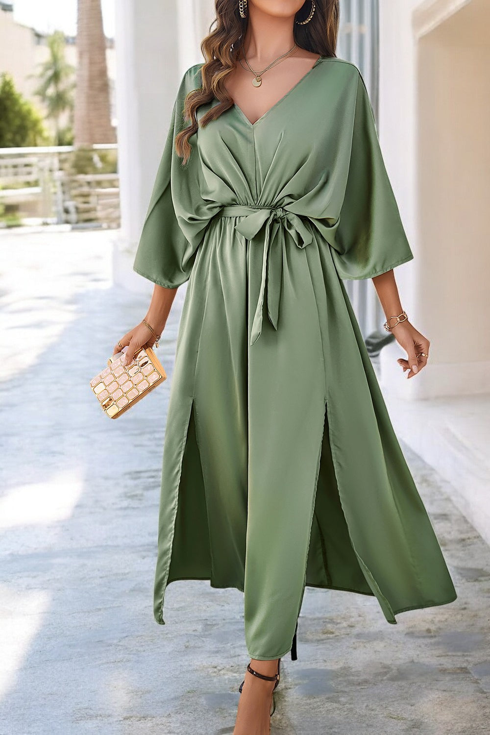 Summer Dress with Ties and V-Neck Split Coastal Charm - Light and Elegant