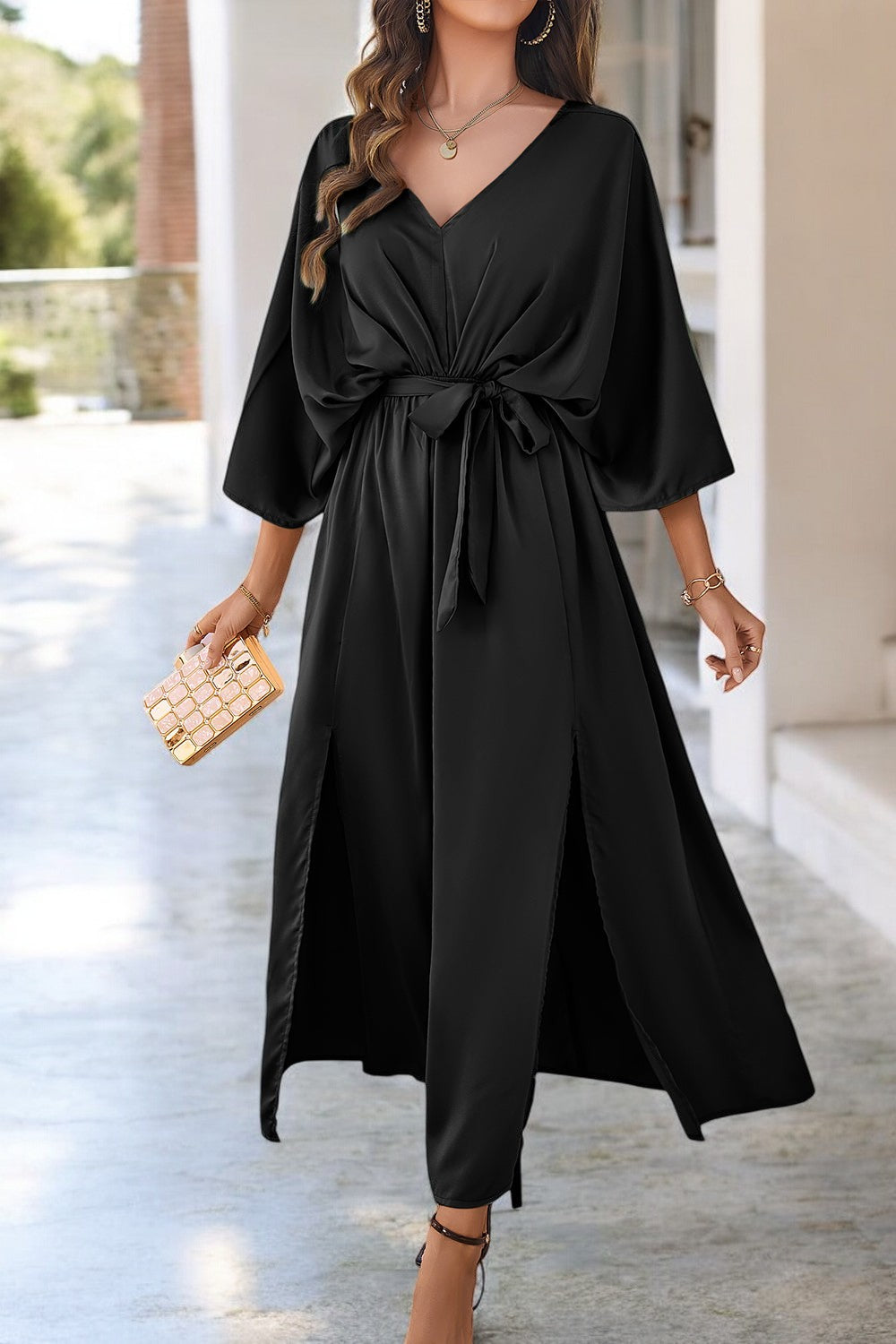 Summer Dress with Ties and V-Neck Split Coastal Charm - Light and Elegant