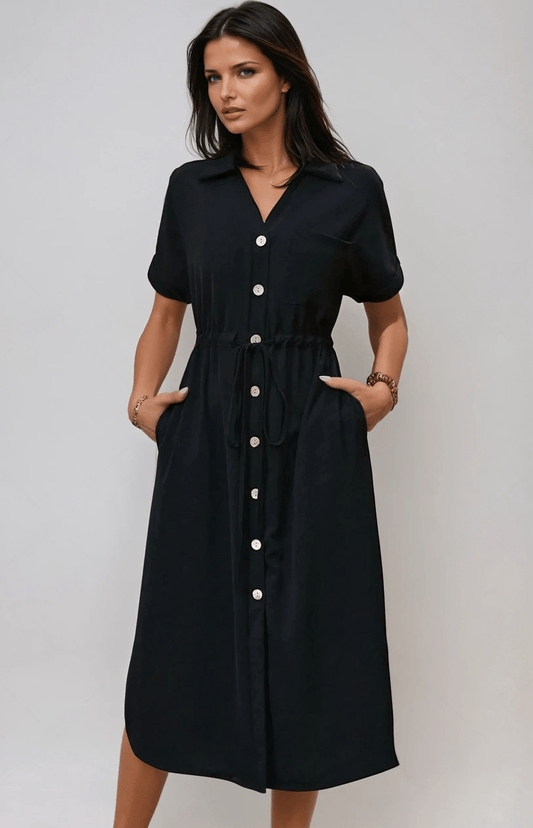 Sunny Allure Button-Up Midi Dress with Side Slit in Breathable Fabric