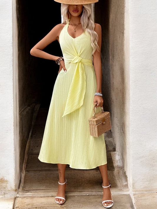 Sunlit Grace Elegant and Airy Halter Neck Midi Dress