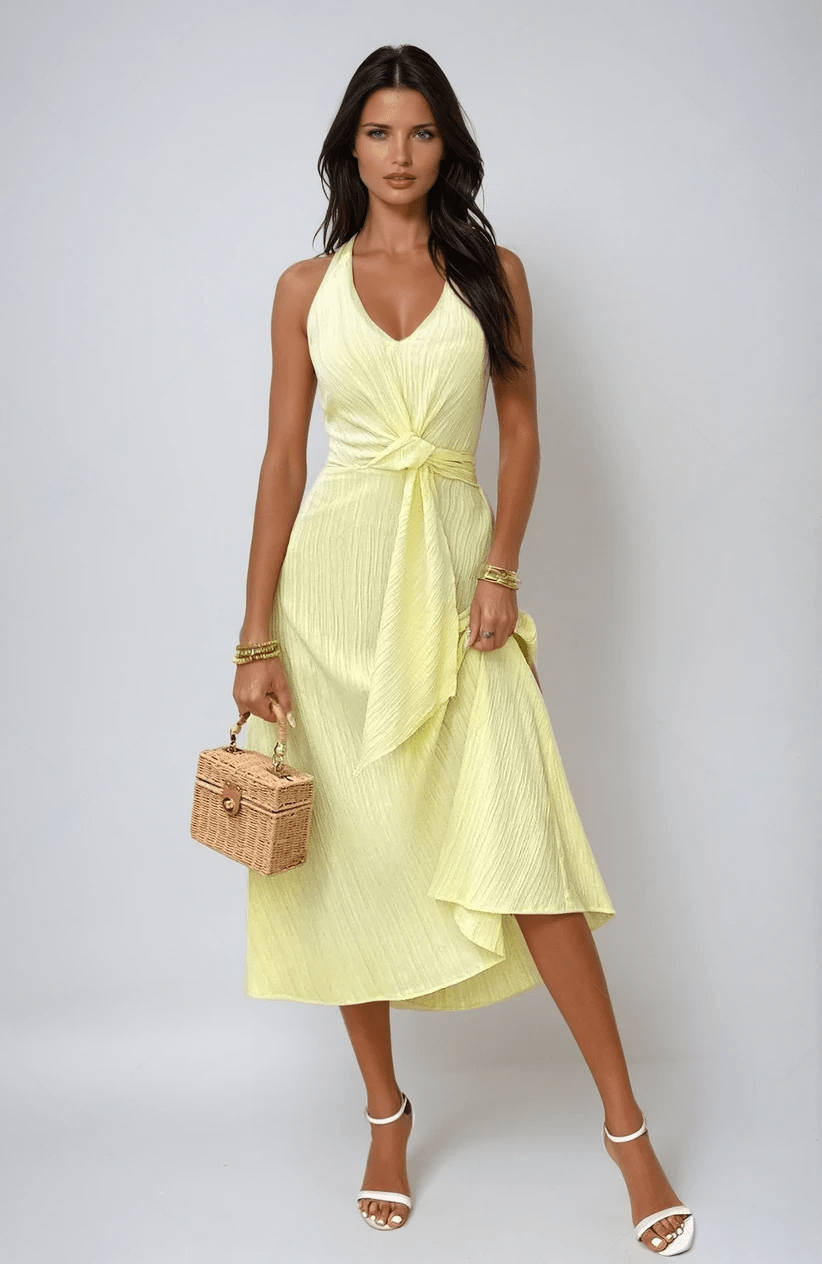 Sunlit Grace Elegant and Airy Halter Neck Midi Dress