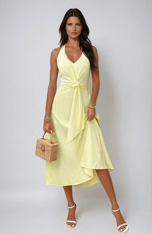 Sunlit Grace Elegant and Airy Halter Neck Midi Dress