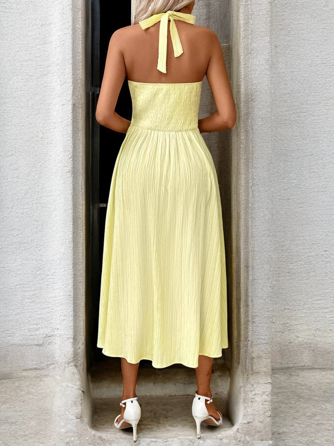Sunlit Grace Elegant and Airy Halter Neck Midi Dress