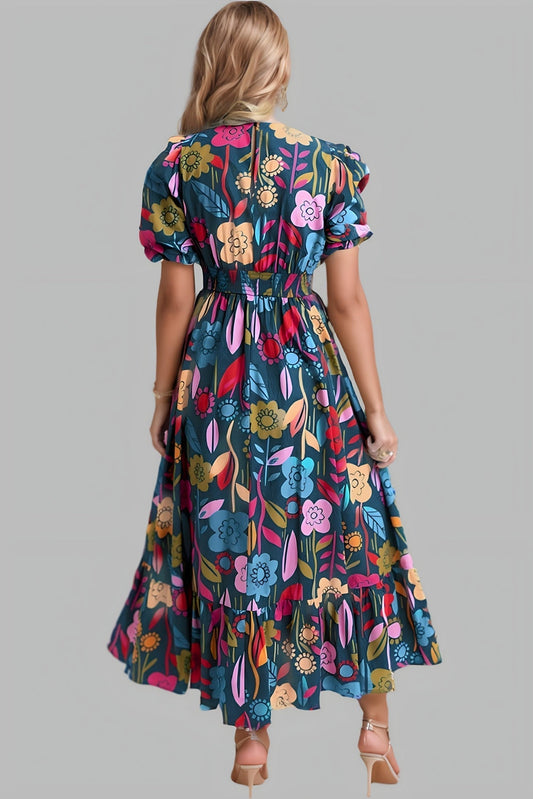Chic Elegance Boho Breeze Cut-Out Puff Sleeve Midi Dress