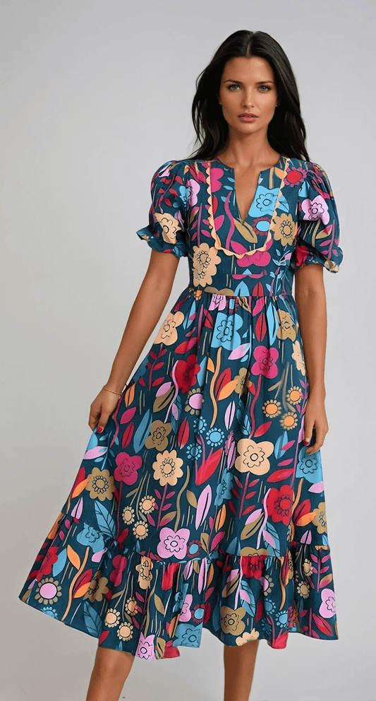 Chic Elegance Boho Breeze Cut-Out Puff Sleeve Midi Dress