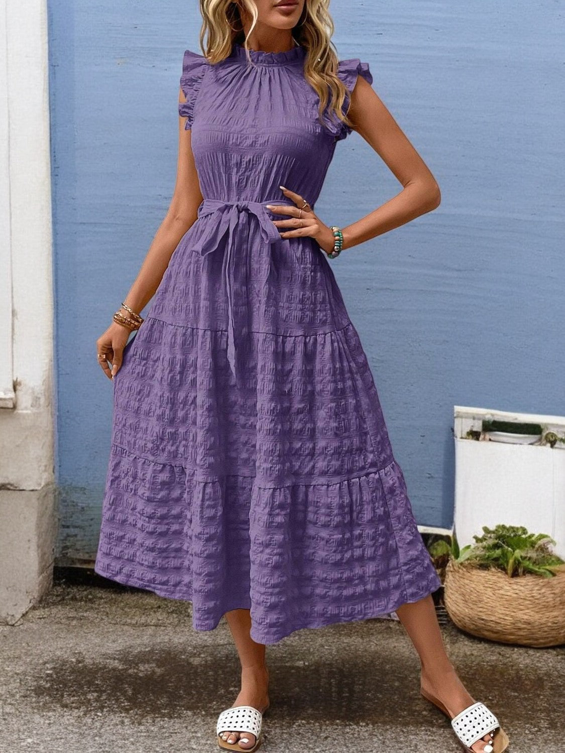 Elegant Sunny Charm Summer Tie Sleeve Midi Dress