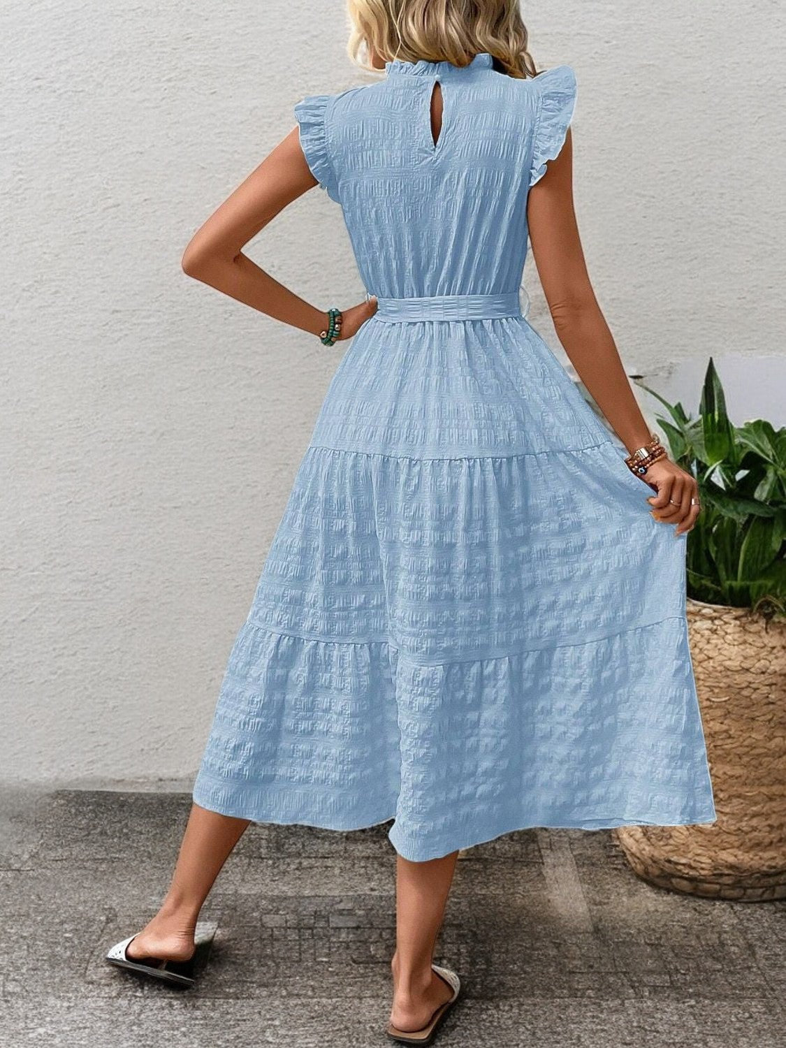 Elegant Sunny Charm Summer Tie Sleeve Midi Dress