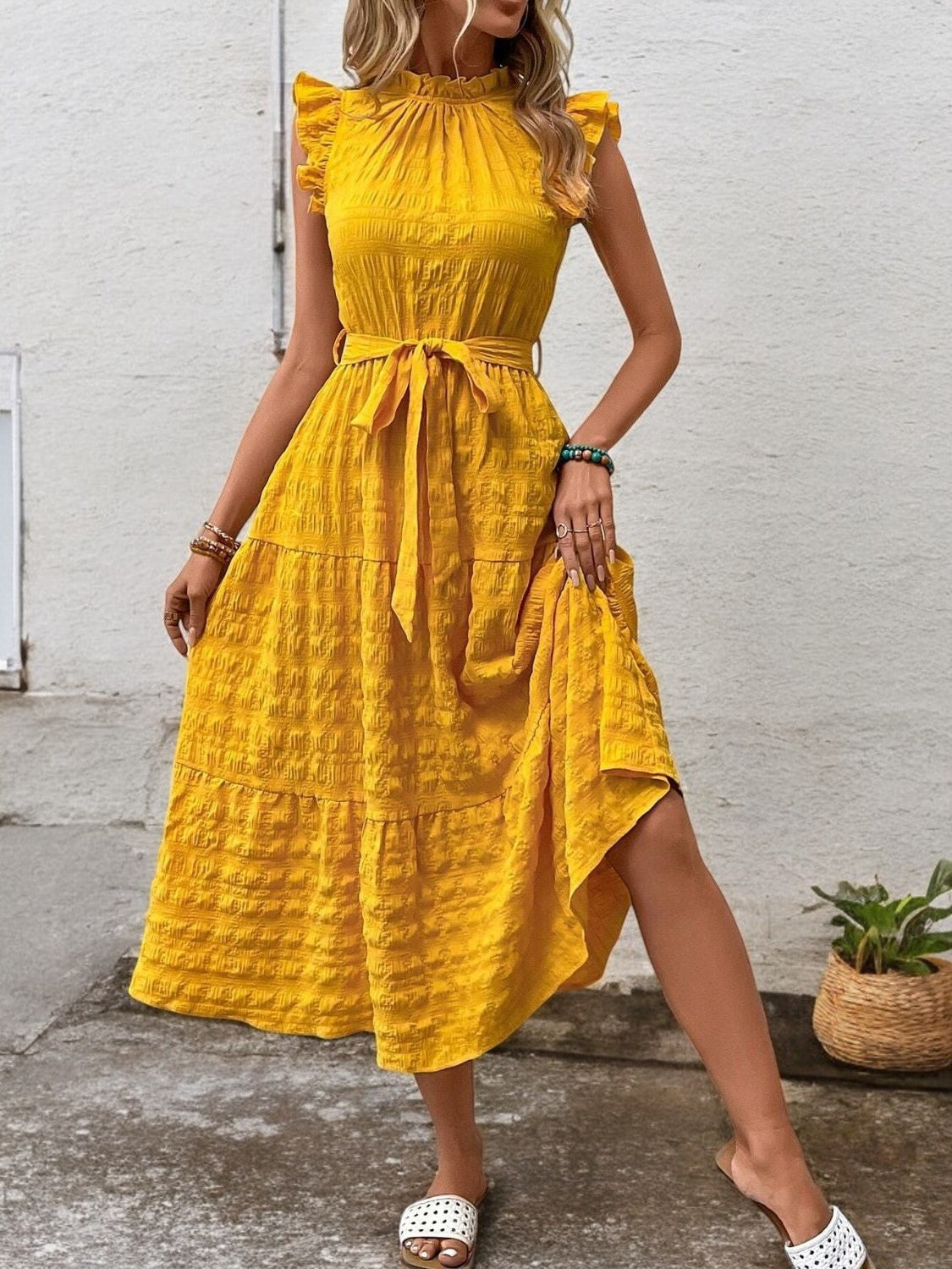 Elegant Sunny Charm Summer Tie Sleeve Midi Dress