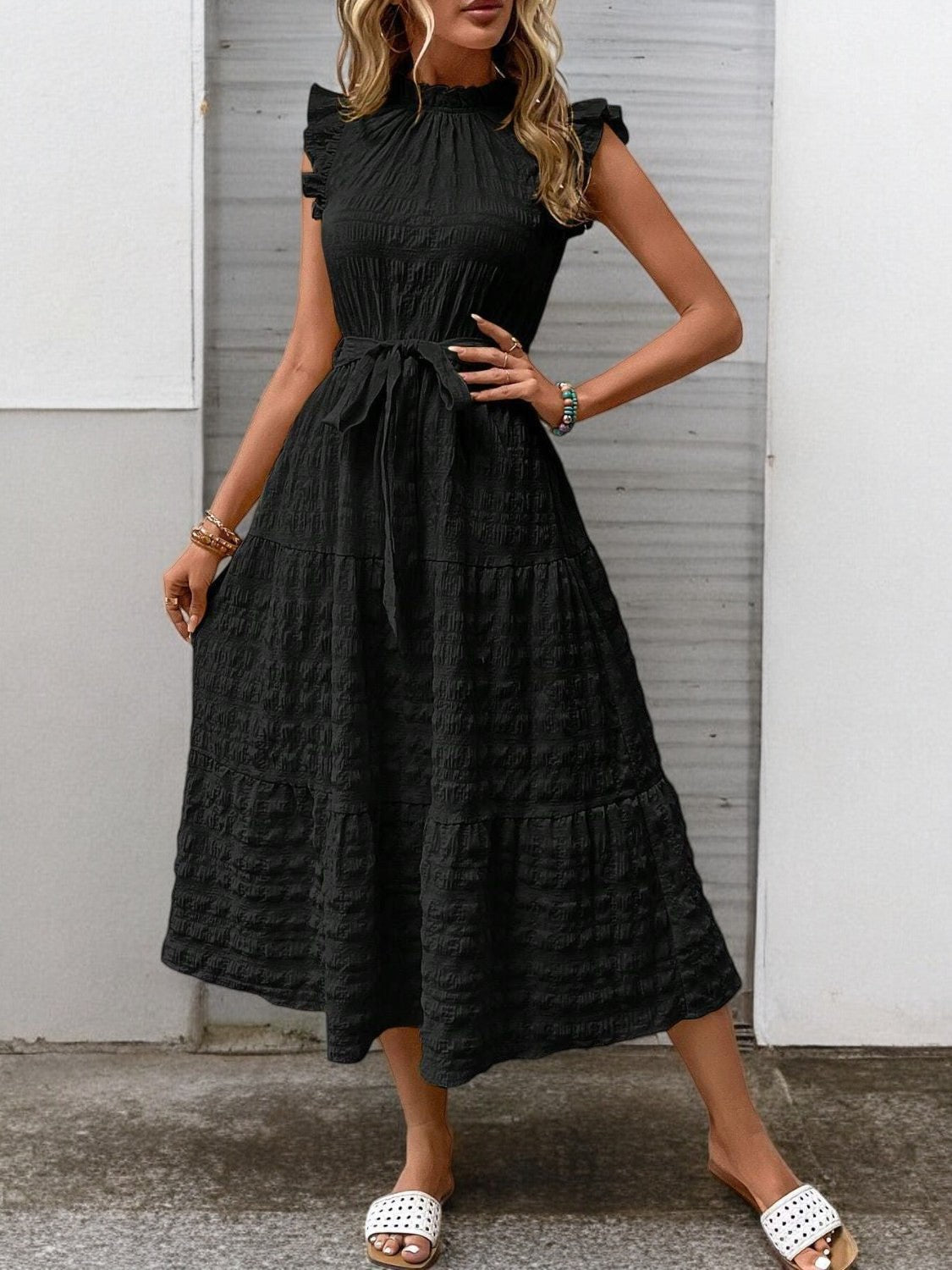 Elegant Sunny Charm Summer Tie Sleeve Midi Dress