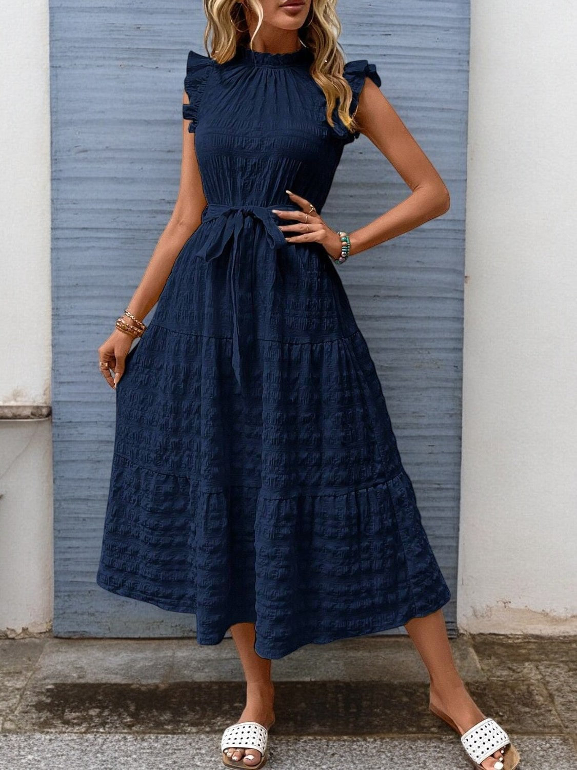 Elegant Sunny Charm Summer Tie Sleeve Midi Dress