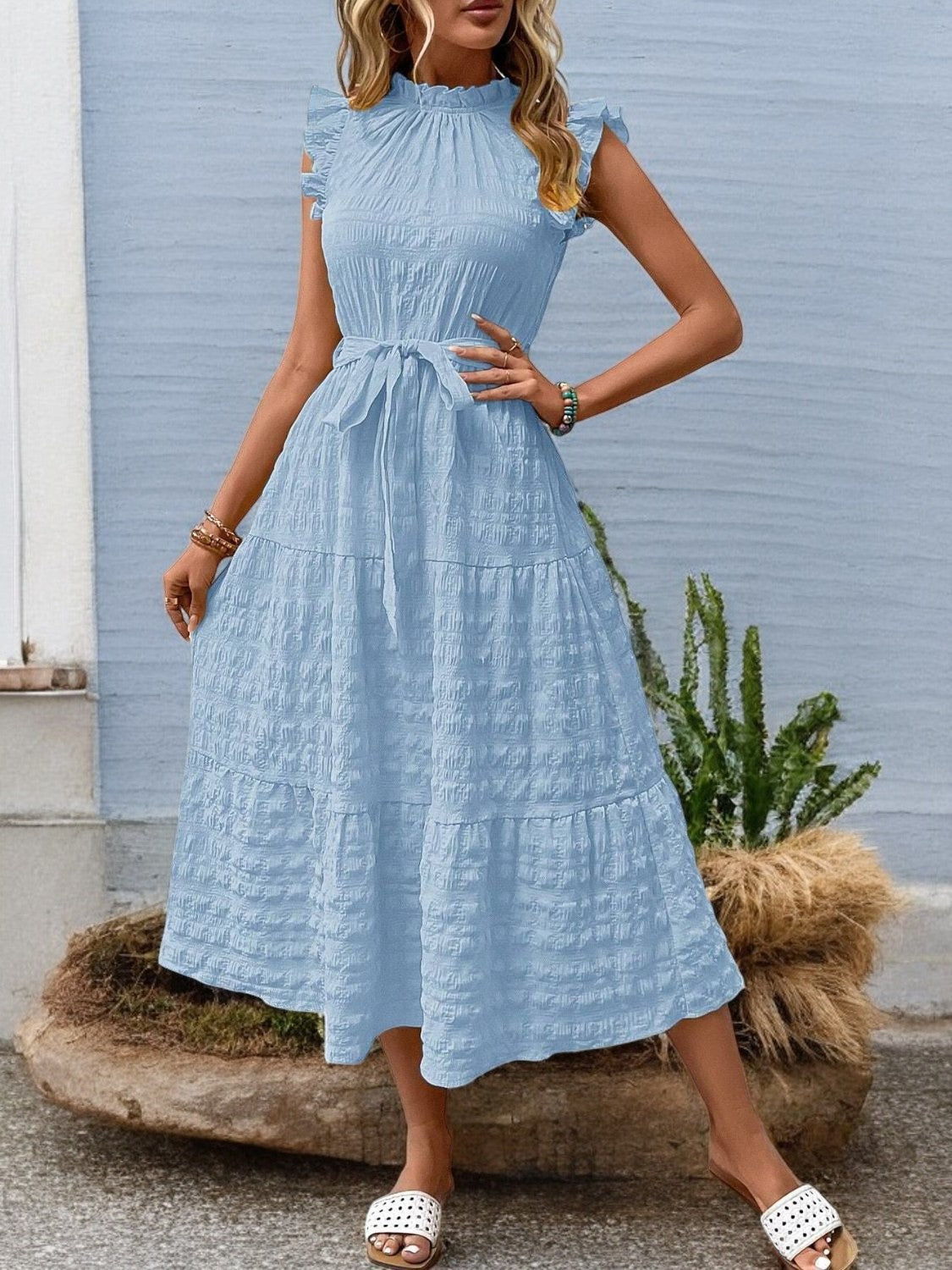 Elegant Sunny Charm Summer Tie Sleeve Midi Dress