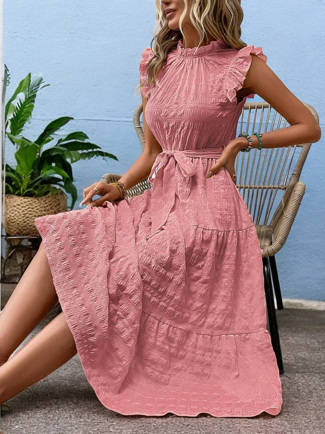 Elegant Sunny Charm Summer Tie Sleeve Midi Dress
