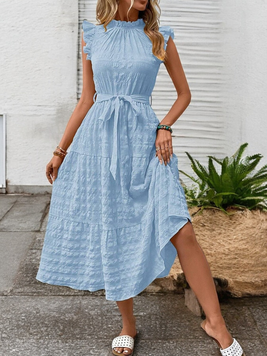 Elegant Sunny Charm Summer Tie Sleeve Midi Dress