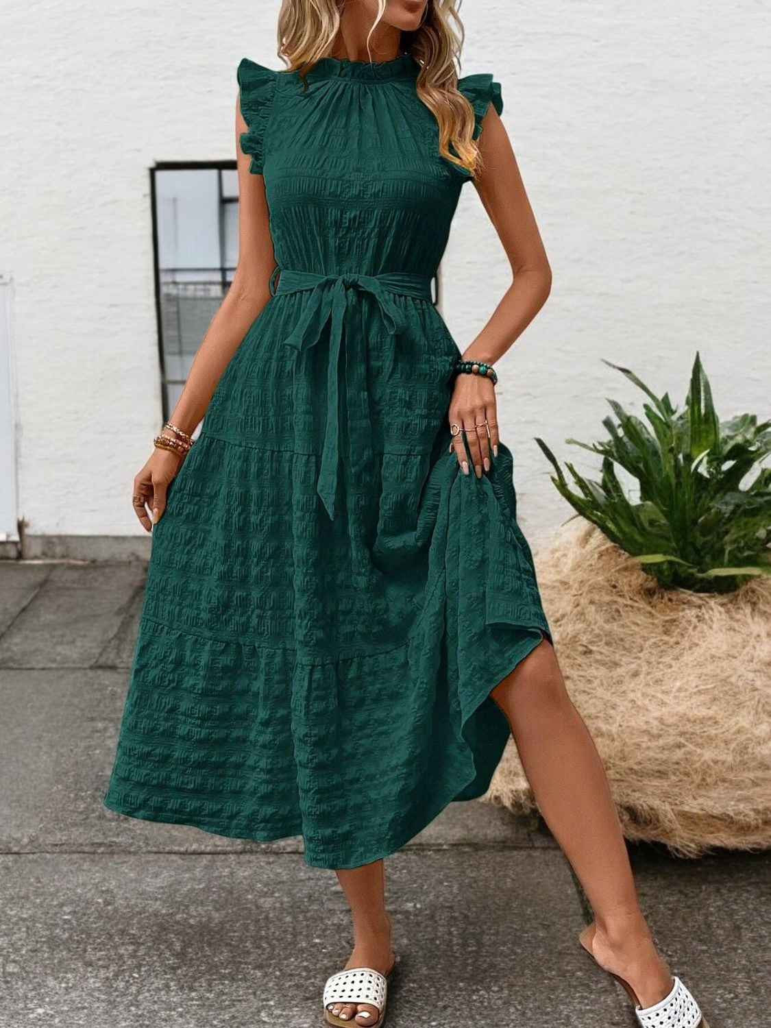 Elegant Sunny Charm Summer Tie Sleeve Midi Dress
