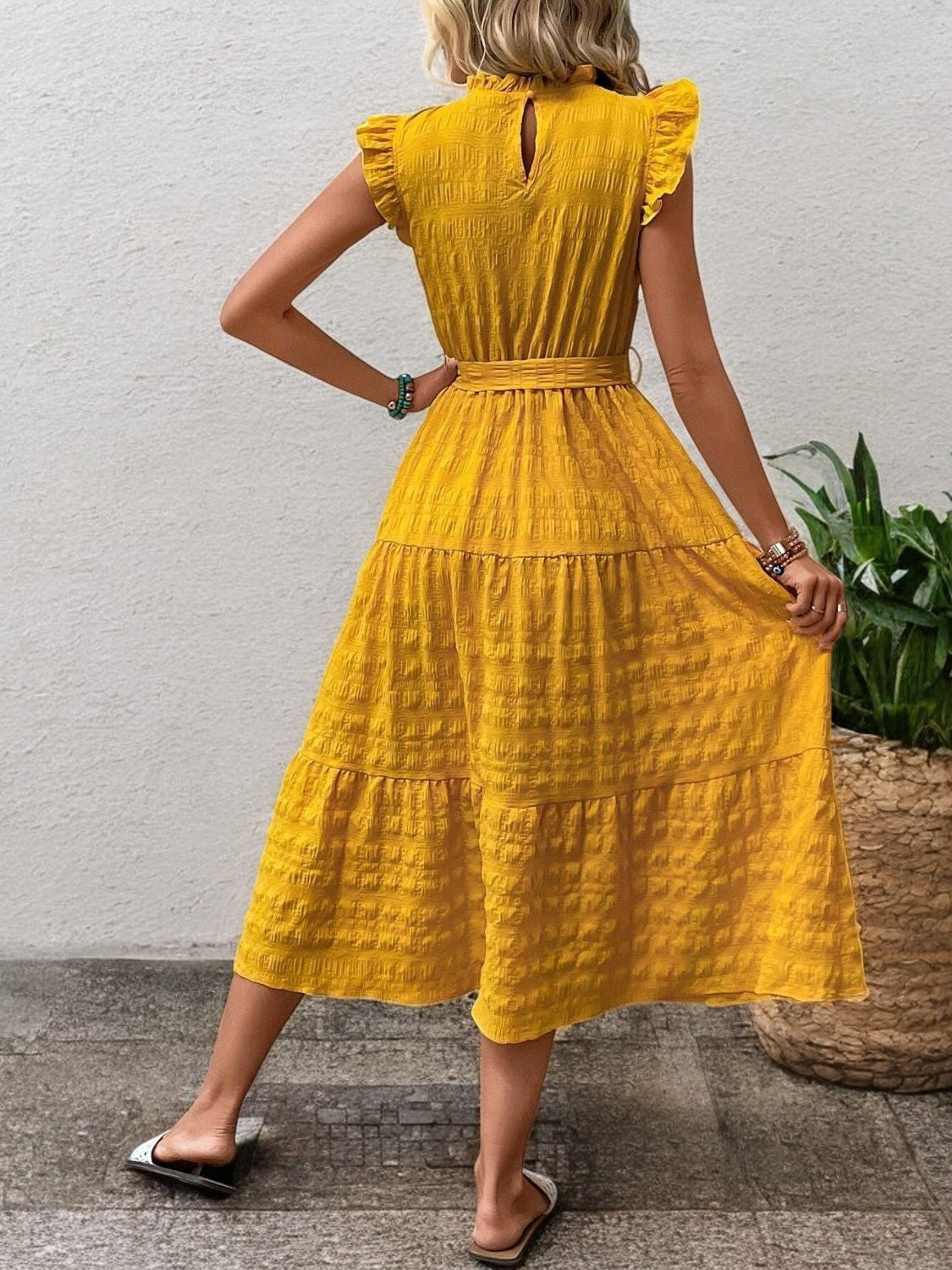 Elegant Sunny Charm Summer Tie Sleeve Midi Dress