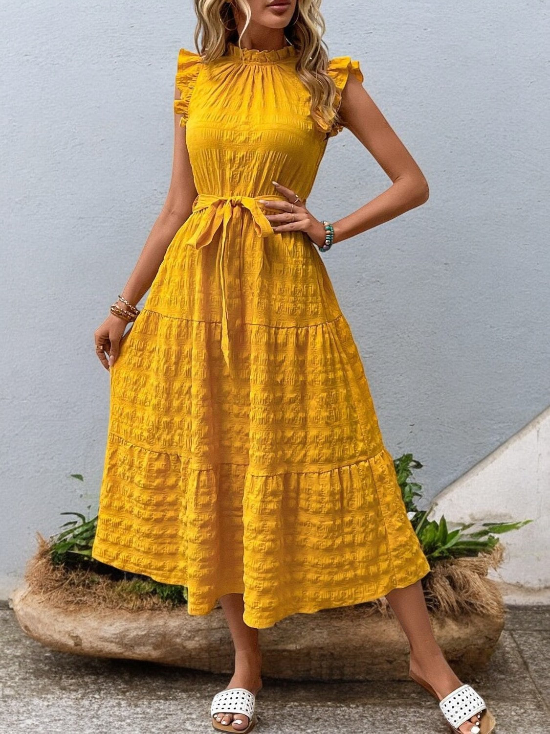Elegant Sunny Charm Summer Tie Sleeve Midi Dress