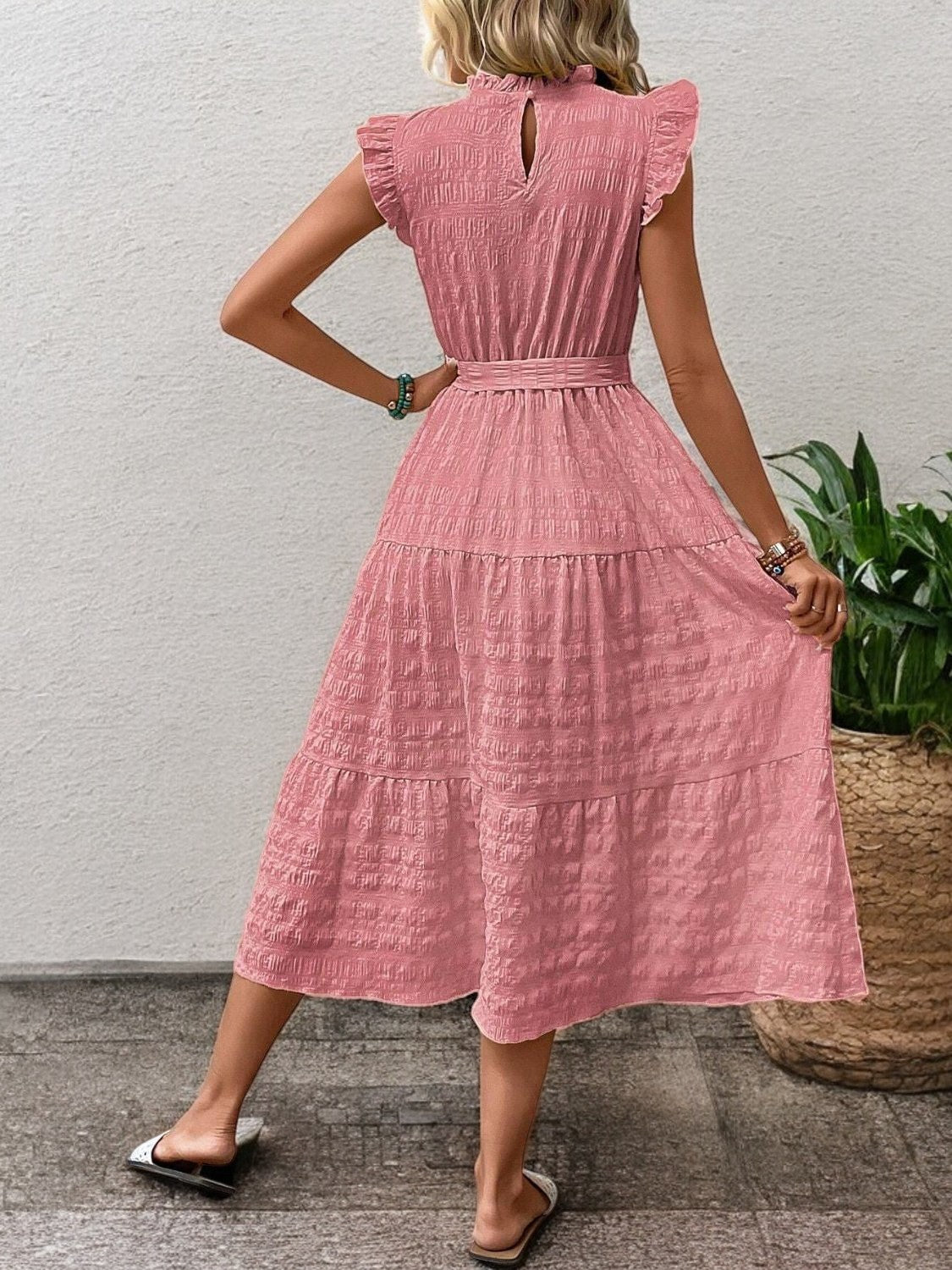 Elegant Sunny Charm Summer Tie Sleeve Midi Dress