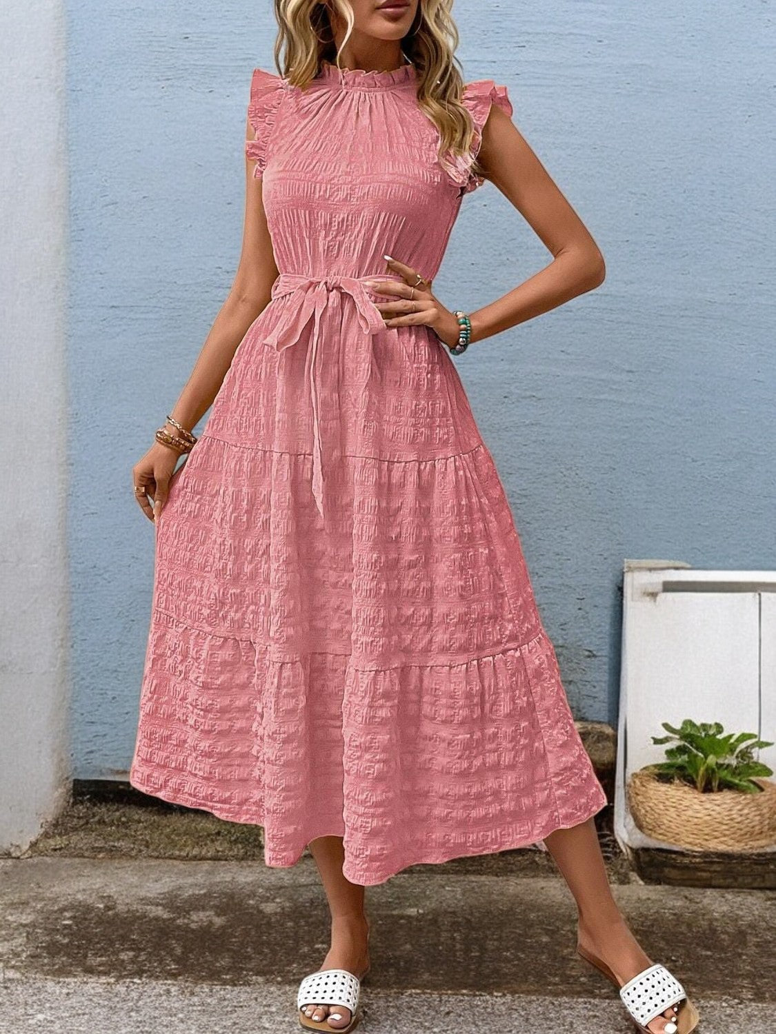 Elegant Sunny Charm Summer Tie Sleeve Midi Dress