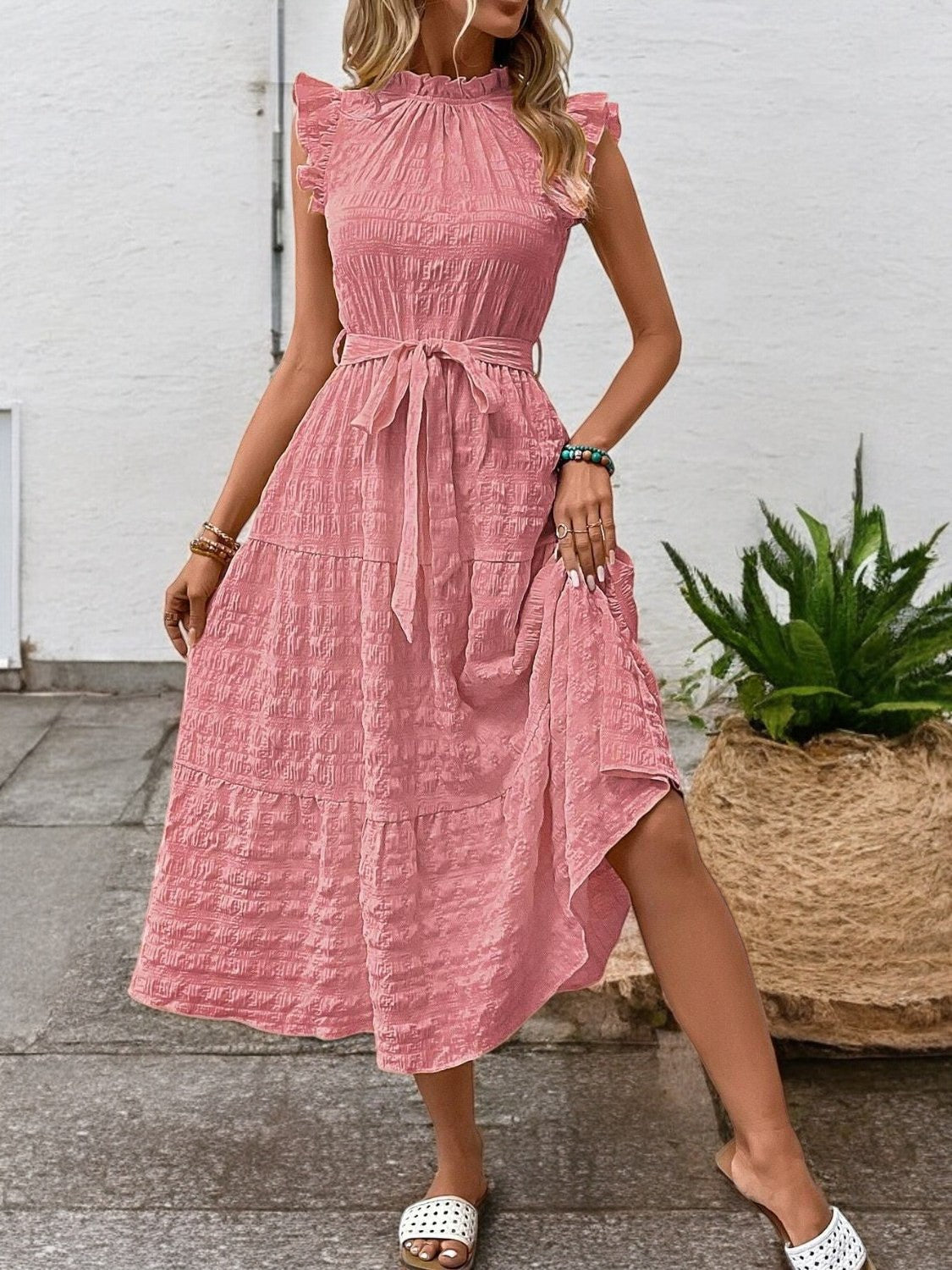 Elegant Sunny Charm Summer Tie Sleeve Midi Dress