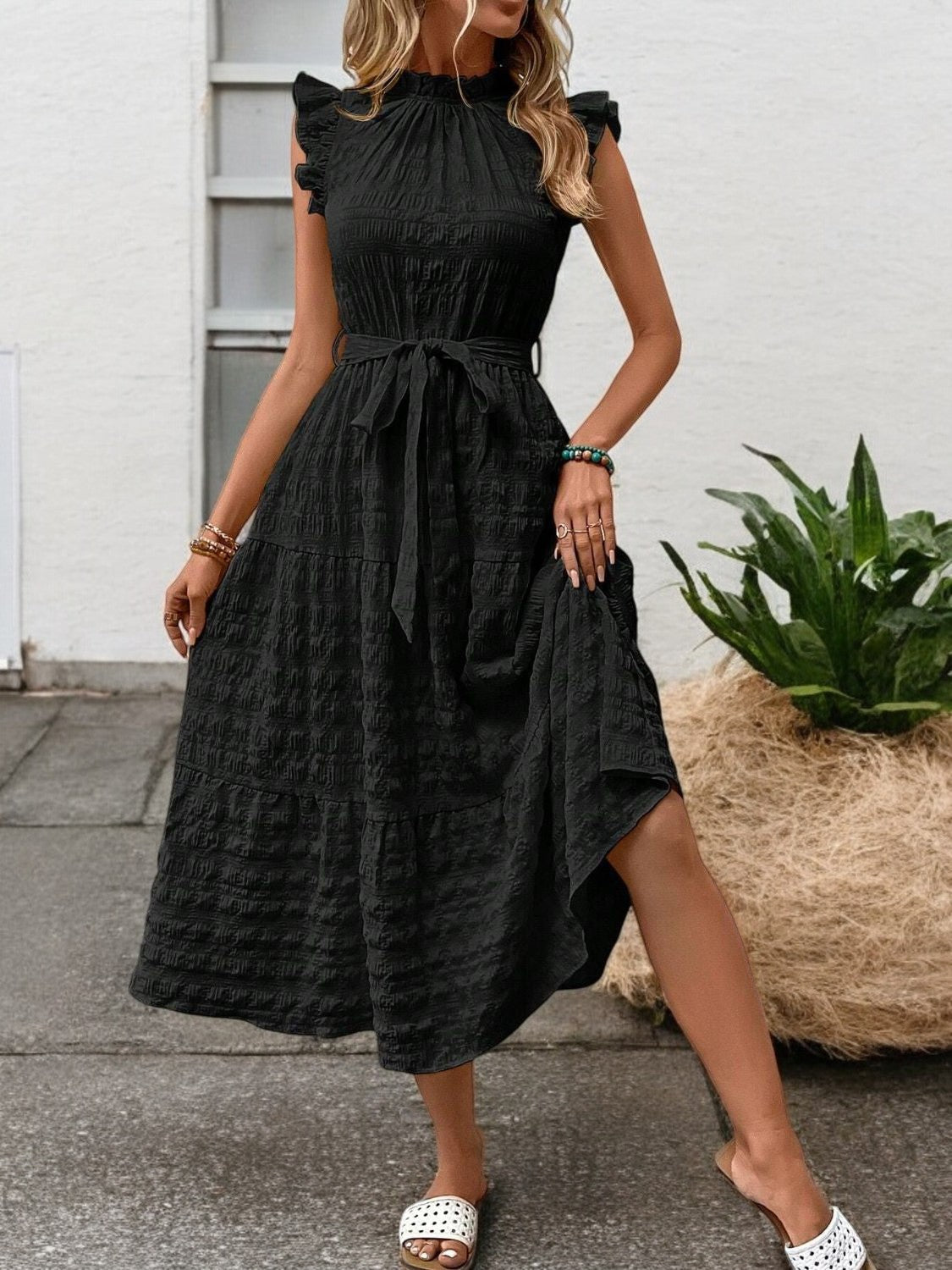 Elegant Sunny Charm Summer Tie Sleeve Midi Dress