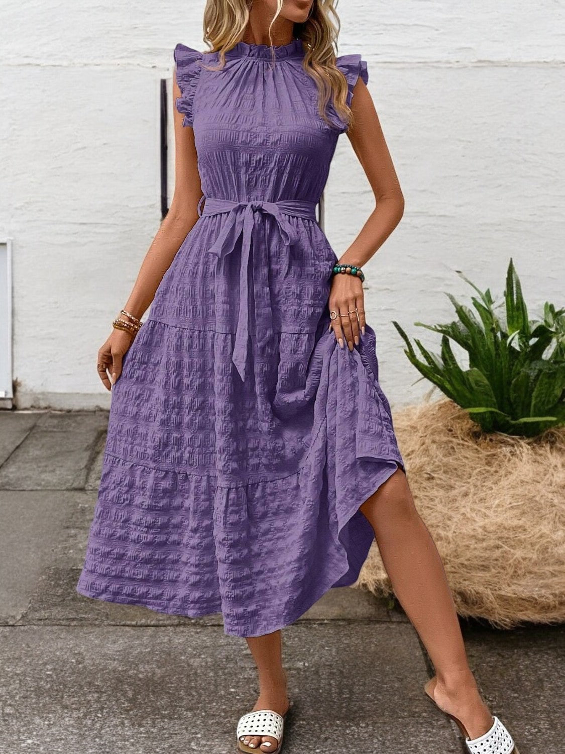 Elegant Sunny Charm Summer Tie Sleeve Midi Dress