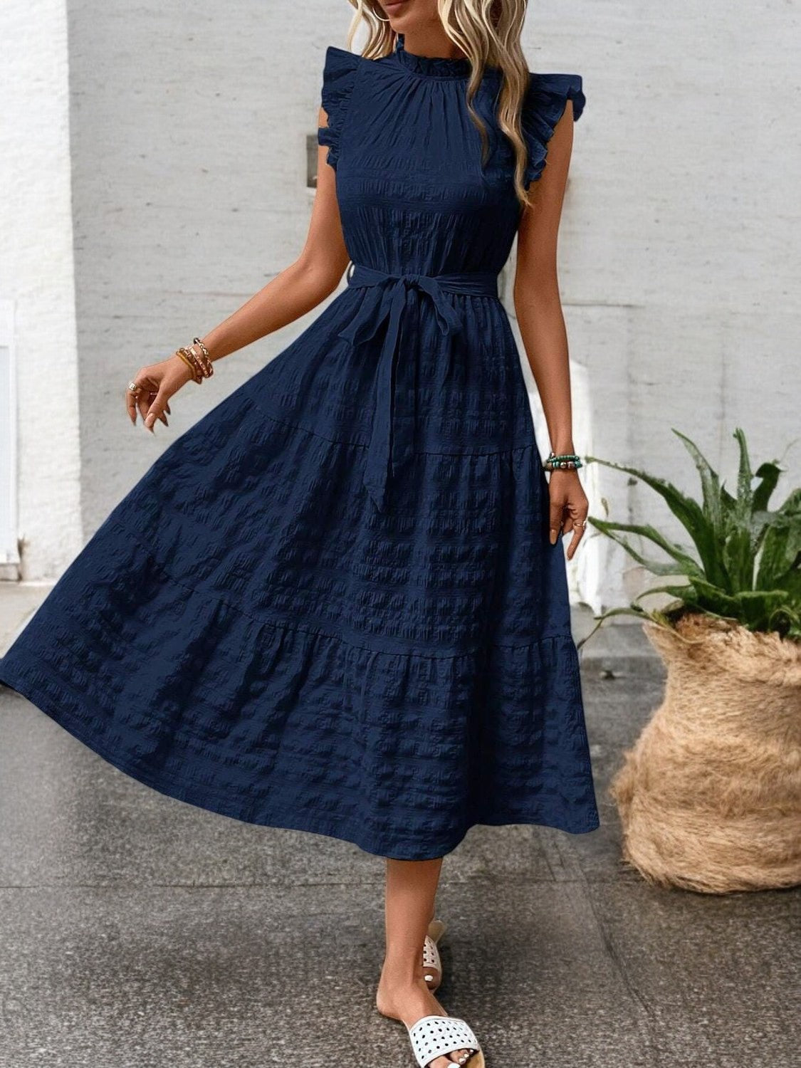 Elegant Sunny Charm Summer Tie Sleeve Midi Dress