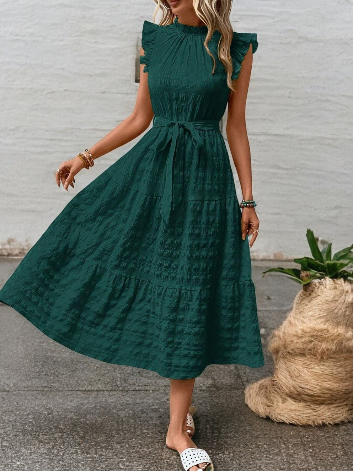 Elegant Sunny Charm Summer Tie Sleeve Midi Dress