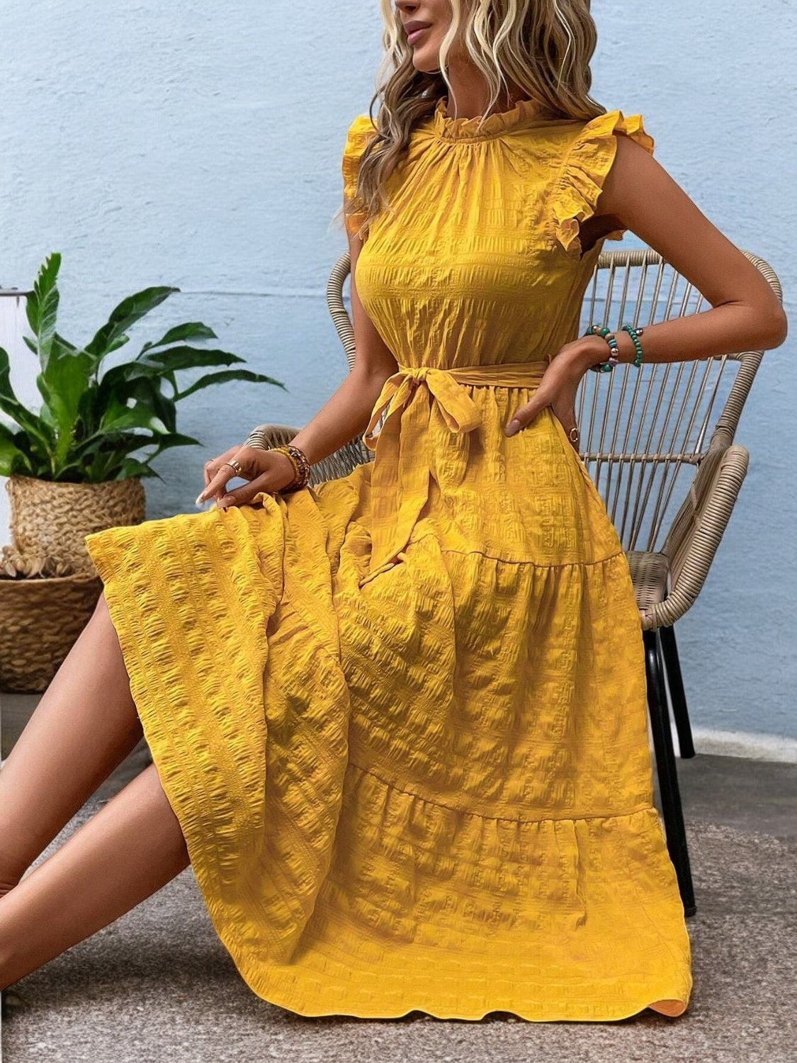 Elegant Sunny Charm Summer Tie Sleeve Midi Dress