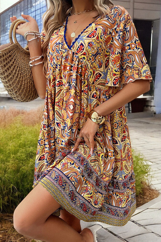 V-Neck Breezy Bloom Mini Printed Dress for Summer Style Lightweight Fabric