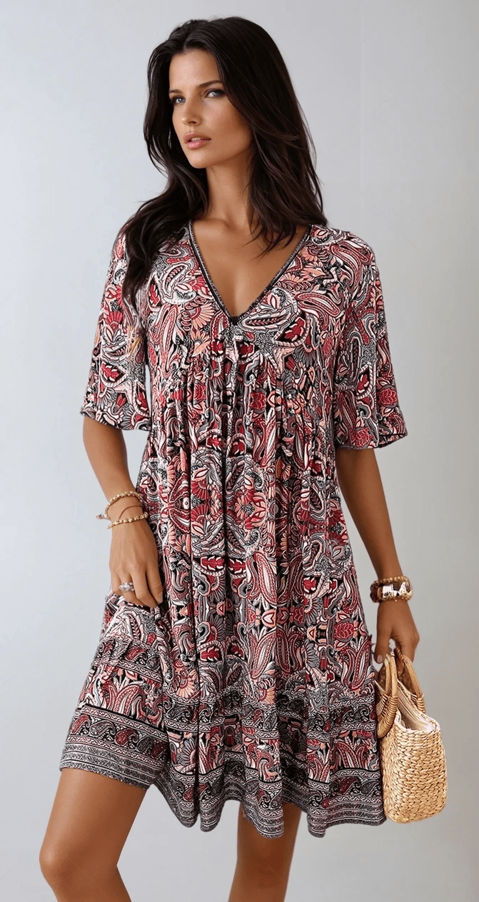 V-Neck Breezy Bloom Mini Printed Dress for Summer Style Lightweight Fabric