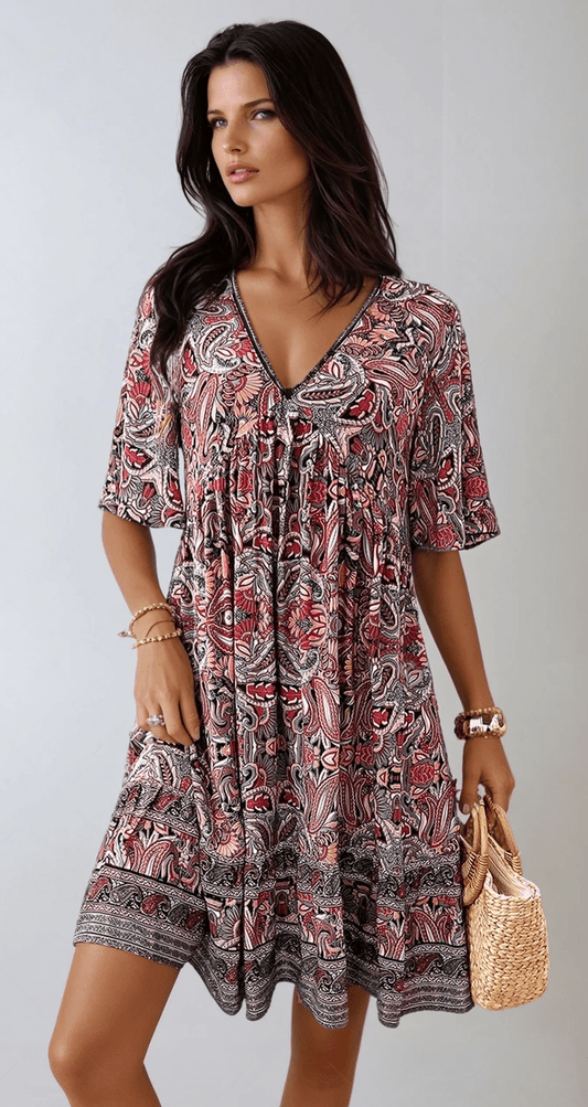 V-Neck Breezy Bloom Mini Printed Dress for Summer Style Lightweight Fabric