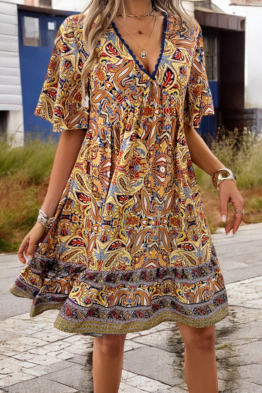 V-Neck Breezy Bloom Mini Printed Dress for Summer Style Lightweight Fabric