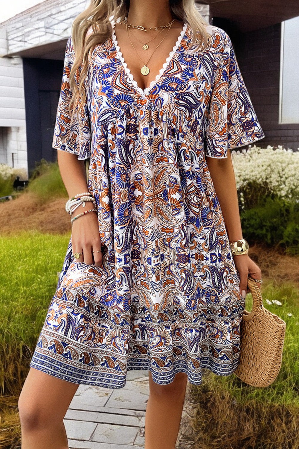 V-Neck Breezy Bloom Mini Printed Dress for Summer Style Lightweight Fabric
