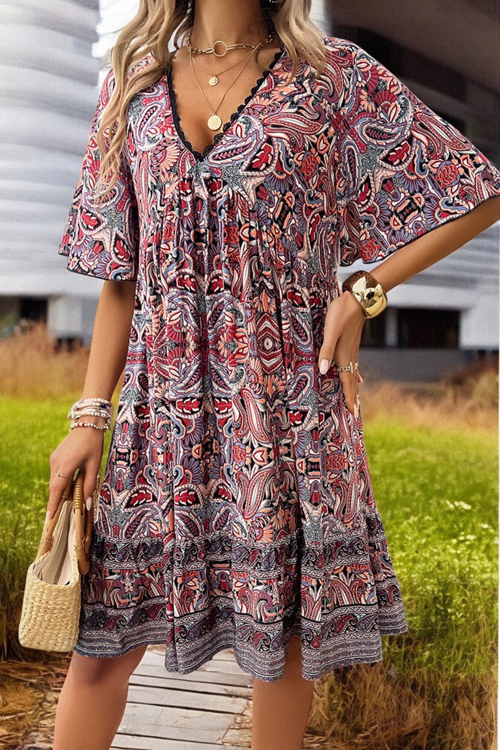 V-Neck Breezy Bloom Mini Printed Dress for Summer Style Lightweight Fabric