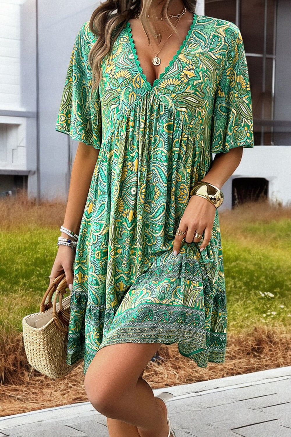 V-Neck Breezy Bloom Mini Printed Dress for Summer Style Lightweight Fabric