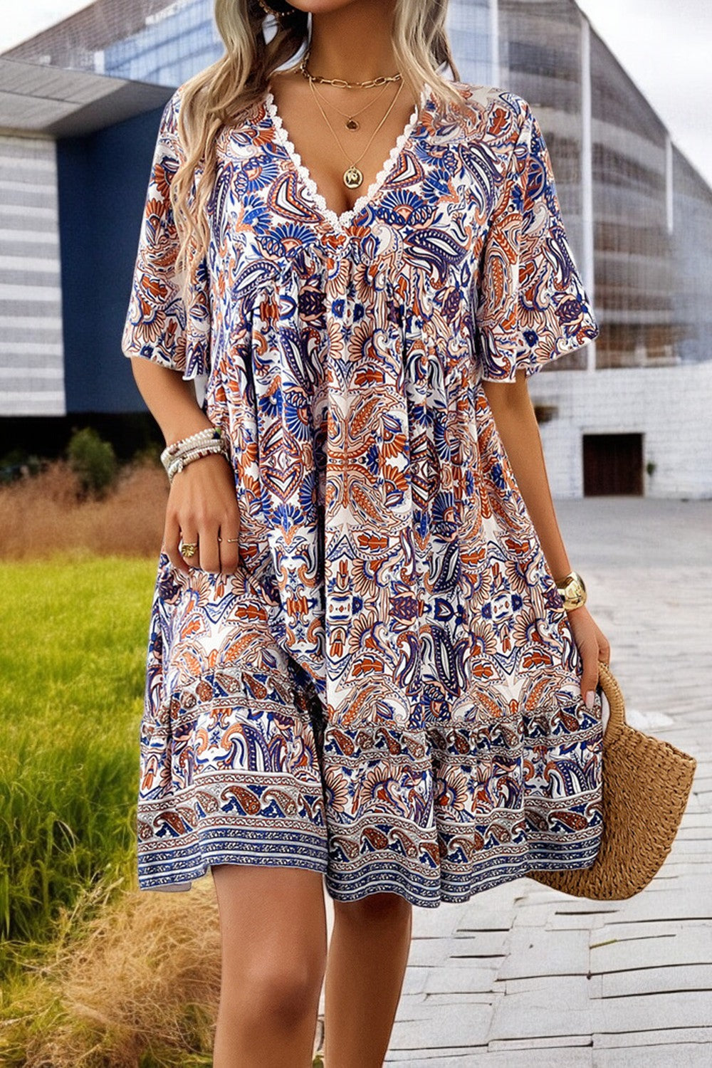 V-Neck Breezy Bloom Mini Printed Dress for Summer Style Lightweight Fabric