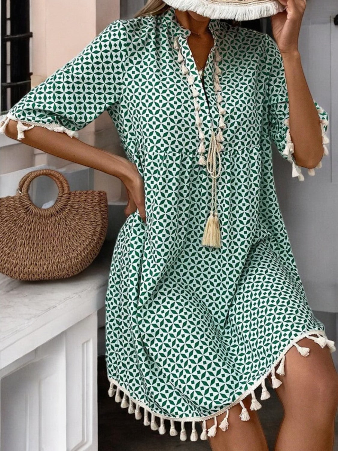 Boho Bliss Fringe Printed Mini Dress for Effortless Style