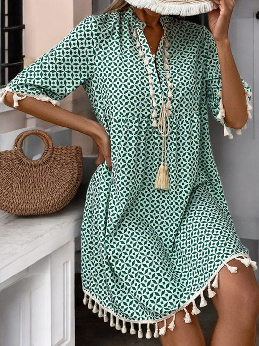 Boho Bliss Fringe Printed Mini Dress for Effortless Style