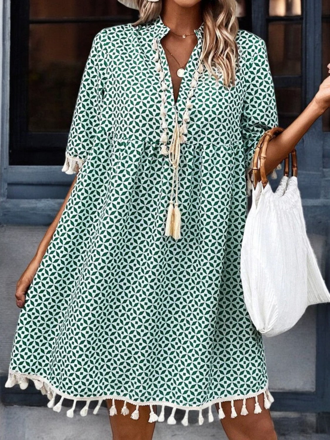 Boho Bliss Fringe Printed Mini Dress for Effortless Style