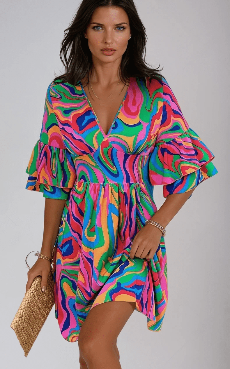 Elegant Sunlit Charm Mini Ruffle Dress with V-Neck for Summer