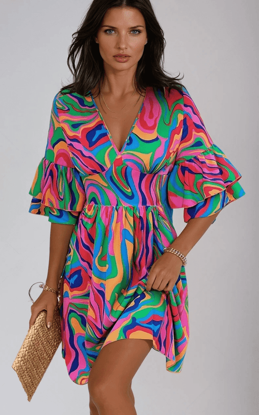 Elegant Sunlit Charm Mini Ruffle Dress with V-Neck for Summer
