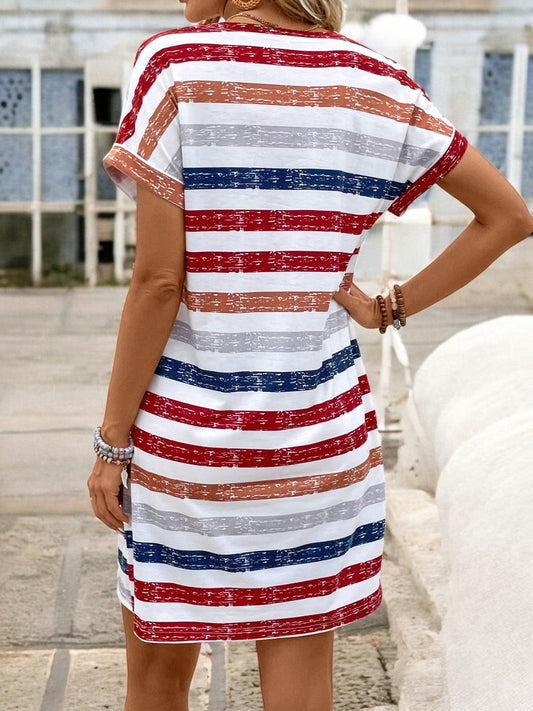 Short Sleeve V-Neck Sun Stripe Dress for Chic Summer Style