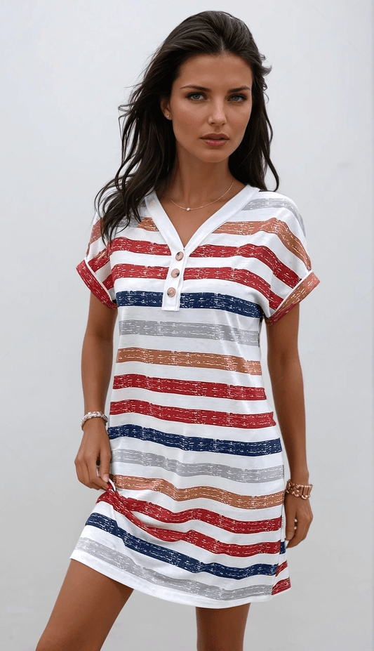 Short Sleeve V-Neck Sun Stripe Dress for Chic Summer Style