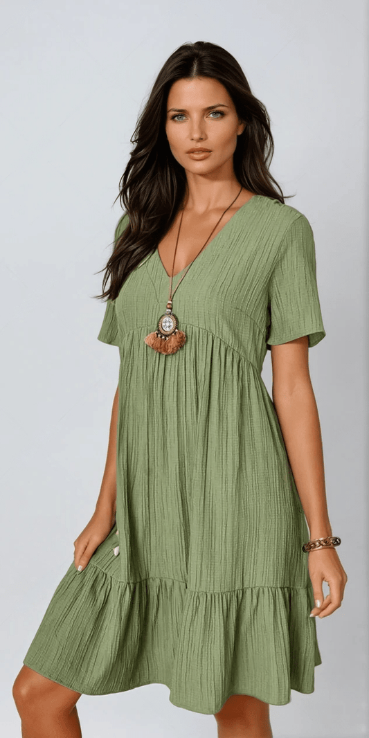 Fitted Summer Dress with V-Neck and Short Sleeves Sunlit Allure - Lightweight and Flattering Fabric